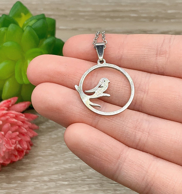 Bird Necklace, Round Pendant, Bird Lover Gift, Bird on a Branch Pendant, Chickadee Necklace, Necklace for Grandma, Christmas Gift