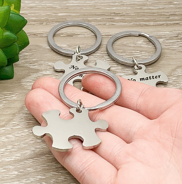 Puzzle Interlocking Keychain Set for 3, No Matter Where, Best Friends Gifts, Friendship Keychain, BFF Keychain, Long Distance Friends Gift