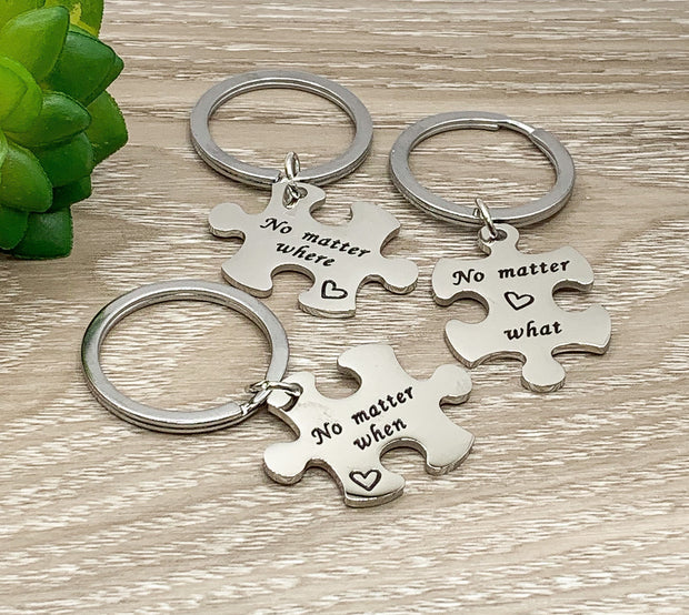 Puzzle Interlocking Keychain Set for 3, No Matter Where, Best Friends Gifts, Friendship Keychain, BFF Keychain, Long Distance Friends Gift