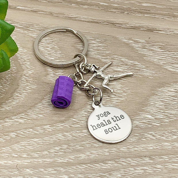 Yoga Keychain, Mini Yoga Mat Keychain, Yoga Heals The Soul Charm, Gift for Yoga Teacher, Yoga Lovers Gift for Her, Cute Yogi Christmas Gift