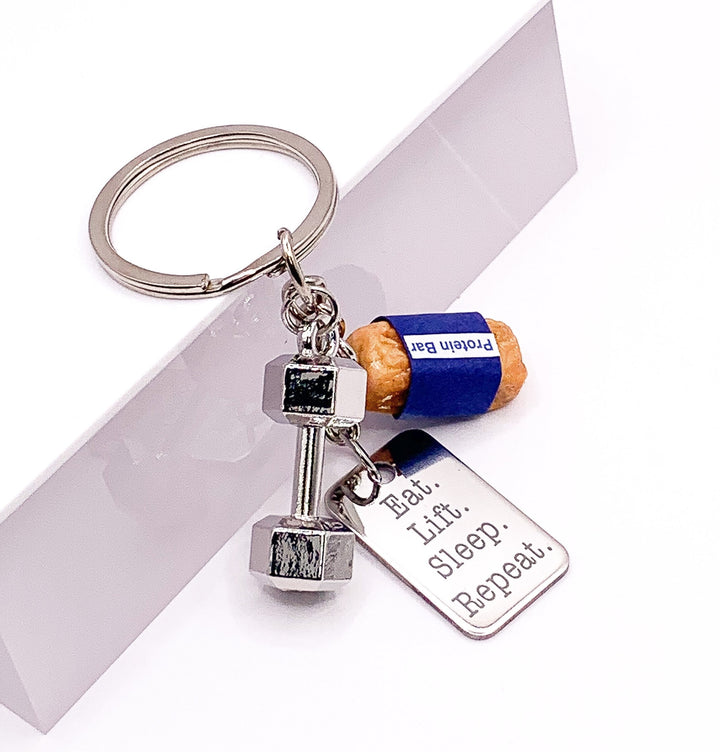 Porte-clés haltérophilie, mini barre protéinée, Rat Lift Sleep Repeat, cadeau fitness, breloque haltère, cadeau motivation pour l'entraînement, coach personnel