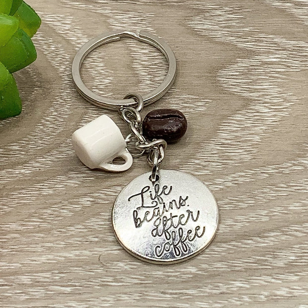 Coffee Keychain, Life Begins After Coffee, Coffee Bean Charm, Coffee Addict Gift, Mug Charm, Unique Mom Gift, Cute Coffee Gift, Teacher Gift