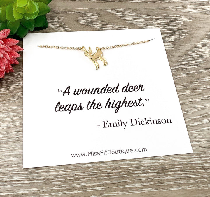 Collier Petit Cerf, Citation d'Emily Dickinson, Bijou inspirant, Cadeau pour amoureux des animaux, Cadeau de fin d'études pour une amie, Cadeau pour amoureux des livres, Noël