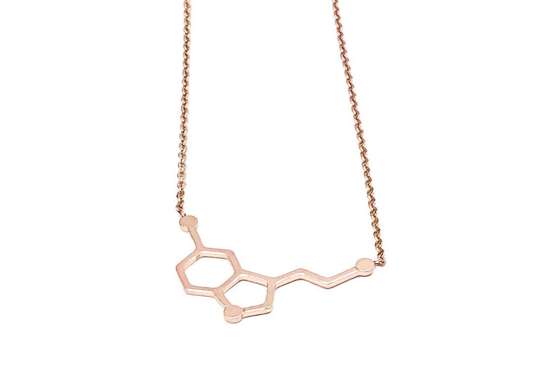 Collier Sérotonine en Or Rose, Bijou Scientifique, Collier Molécule du Bonheur, Cadeau Pédagogique Original, Pendentif Molécule d'Anatomie, Bijou Biologie