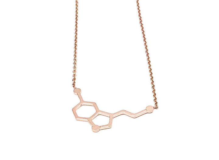 Collier Sérotonine en Or Rose, Bijou Scientifique, Collier Molécule du Bonheur, Cadeau Pédagogique Original, Pendentif Molécule d'Anatomie, Bijou Biologie