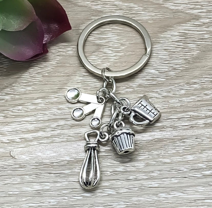 Baking Keychain, Baker Gifts, Cooking Keychain, Tiny Measuring Spoons Charm, Cook Charms, Stocking Stuffers, Unique Keychain, Gift for Her