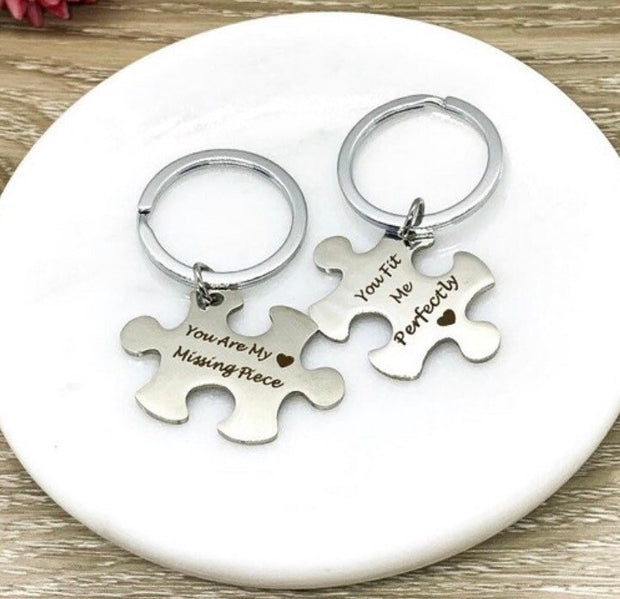 Missing Piece Keychain Set for 2, Puzzle Key Rings, Best Friend Keychains, You Fit Me Perfectly, Friendship Gifts, Gift for BFF, Wife Gift