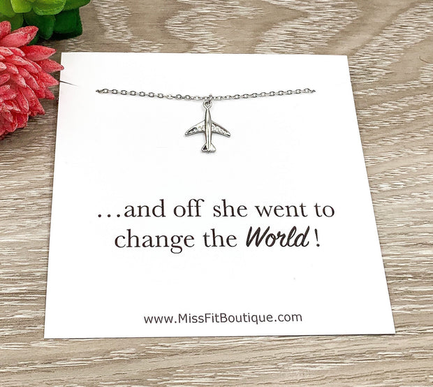 Tiny Airplane Necklace, Change The World Card, Dainty Plane Pendant, Cute Gift for Traveler, Minimalist Necklace, Travel Jewelry, Daughter