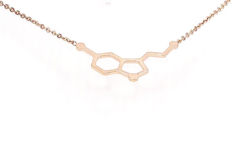 Collier Sérotonine en Or Rose, Bijou Scientifique, Collier Molécule du Bonheur, Cadeau Pédagogique Original, Pendentif Molécule d'Anatomie, Bijou Biologie