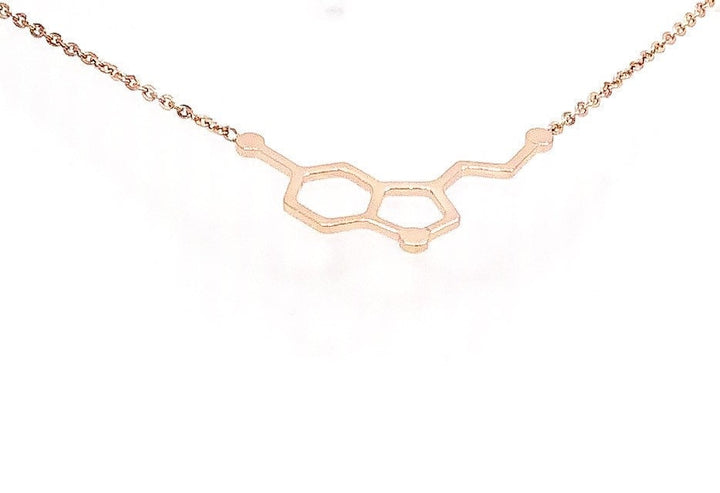 Collier Sérotonine en Or Rose, Bijou Scientifique, Collier Molécule du Bonheur, Cadeau Pédagogique Original, Pendentif Molécule d'Anatomie, Bijou Biologie