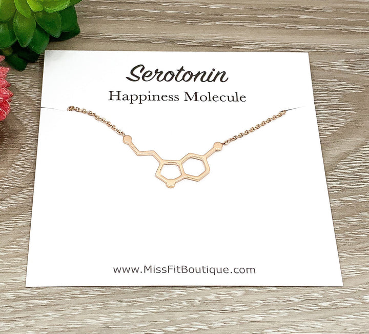 Collier Sérotonine en Or Rose, Bijou Scientifique, Collier Molécule du Bonheur, Cadeau Pédagogique Original, Pendentif Molécule d'Anatomie, Bijou Biologie