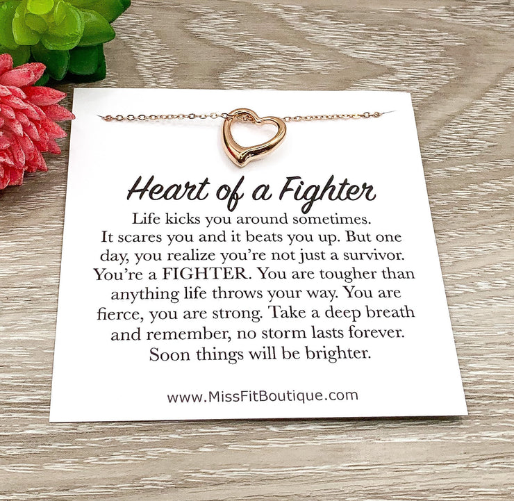 Heart of a Fighter Quote, Strength Gift, Heart Necklace Rose Gold, Gift for Survivor, Personalized Gift for Women, Uplifting Jewelry