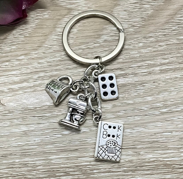 Baking Keychain, Baker Gifts, Cooking Keychain, Tiny Measuring Spoons Charm, Cook Charms, Stocking Stuffers, Unique Keychain, Gift for Her