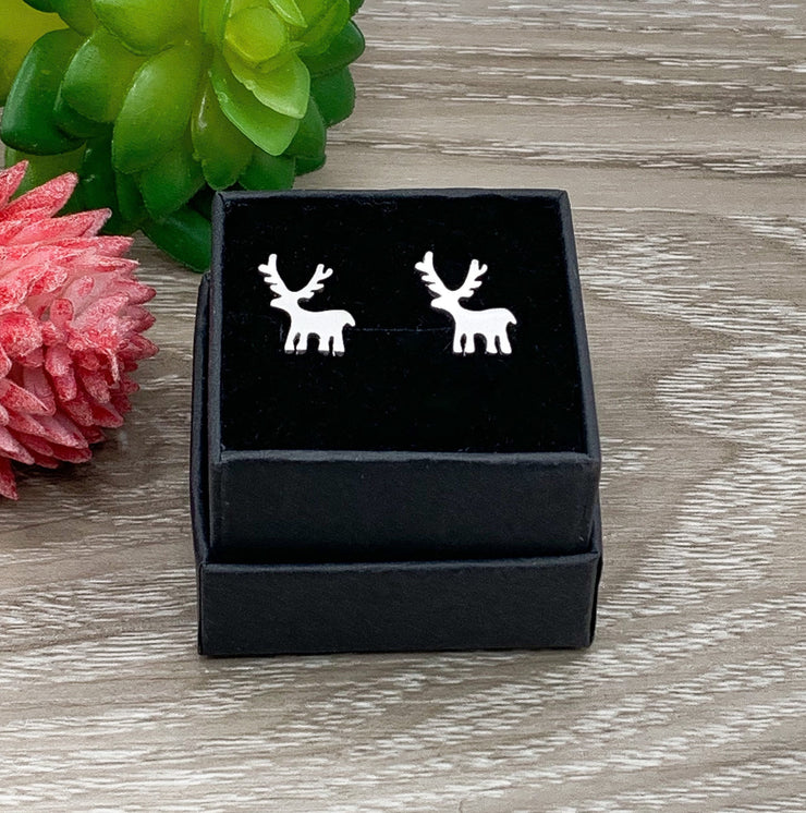 Tiny Christmas Tree Stud Earrings, Reindeer Earrings, Elk Studs, Holiday Jewelry, Asymmetric Earrings, Stocking Stuffer for Her