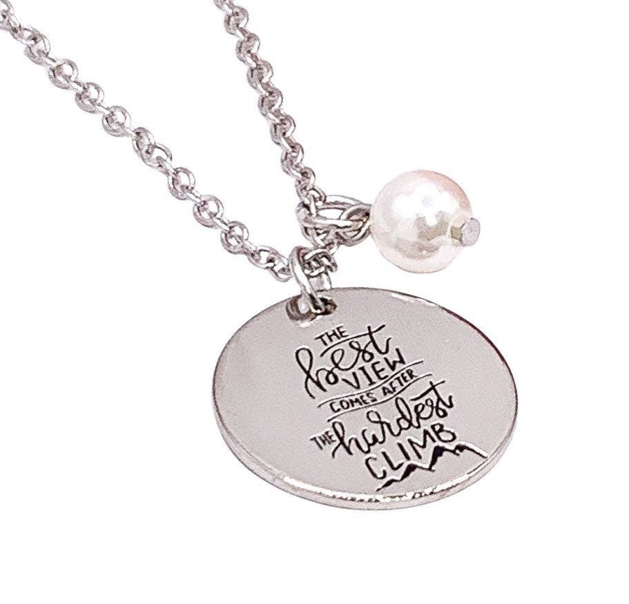 Collier de motivation, citation « La plus belle vue vient après », cadeau de force, bijou inspirant, collier réconfortant, cadeau d'encouragement