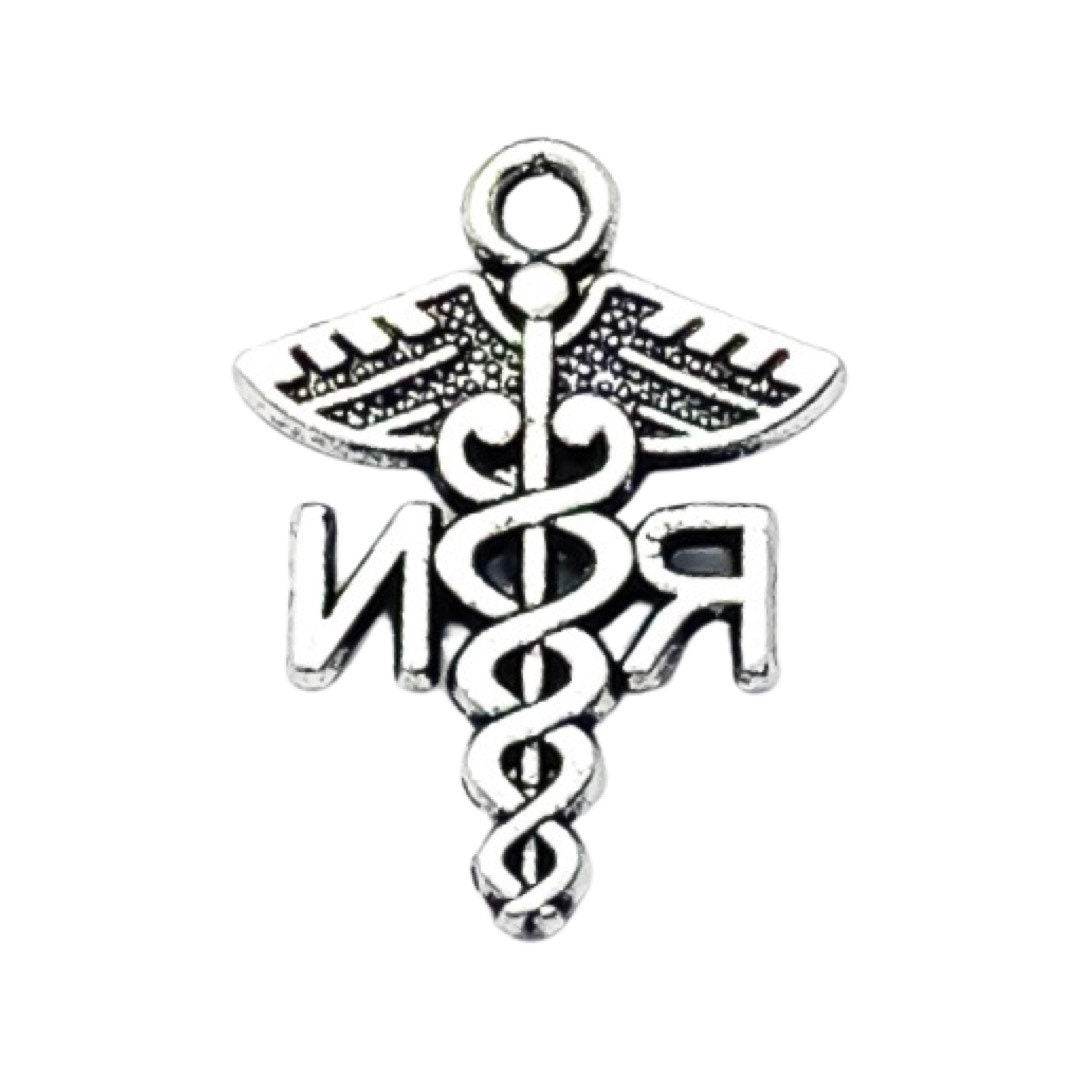 1 RN Caduceus Charm Silver, Individual Charms, Registered Nurse Charm, Medical Symbol Charm, Nursing Charms, Biology Charms, Medical Charms