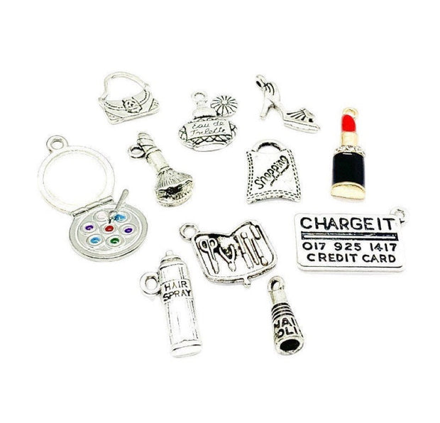 Ultimate Girls Night Charms Bundle, Large Charm Lot, Bulk, Women Charms, Shopping Charms, Mini Makeup, Tiny Lipstick Charm, Jewelry Findings