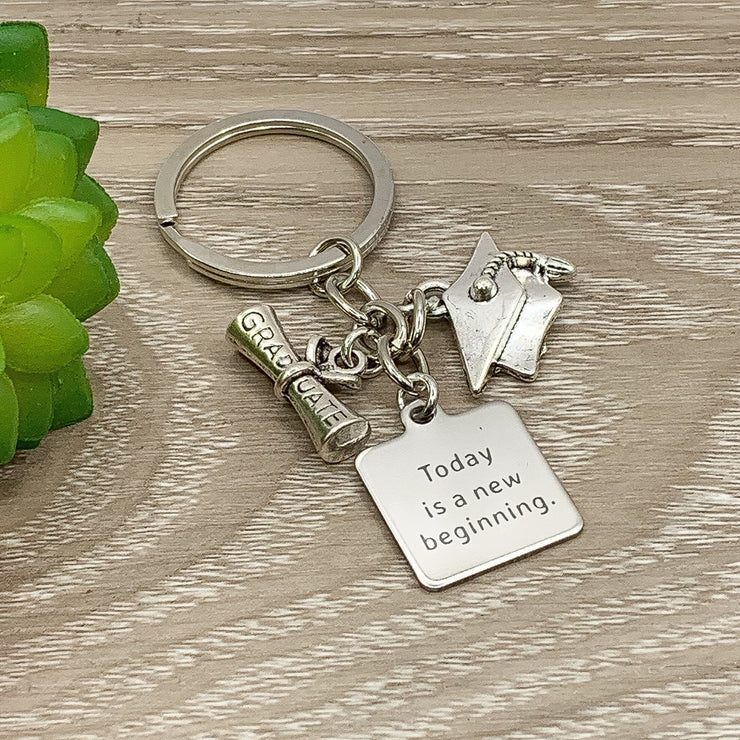 Graduation Keychain, Today is a New Beginning Quote, 2023 Grad Gift for Her, College Graduate Gift, Gift for Son