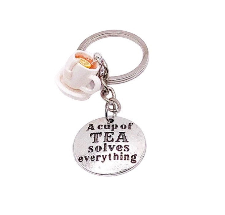 Tea Cup Keychain, Tea Lover Gift, Cute Gift For Her, Tea Addict, Unique Keychain, Tea Cup Solves Everything, Foodie Gift, Cute Gift for Mom