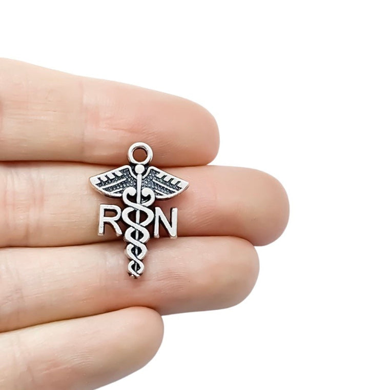 1 RN Caduceus Charm Silver, Individual Charms, Registered Nurse Charm, Medical Symbol Charm, Nursing Charms, Biology Charms, Medical Charms