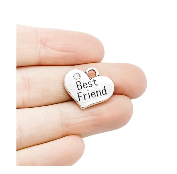 1 Best Friend Charm, Heart-Shaped Charm, Antique Silver Charm with Rhinestone, Individual Charms, BFF Charm, Gift for Bestie, DIY Jewelry