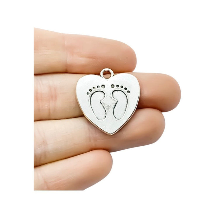 1 Heart Shaped Footprints Charm Silver, Individual Charms, Baby Charms, Mommy Charms, Mother Charms, DIY Craft, Cute Charms, Baby Pendant