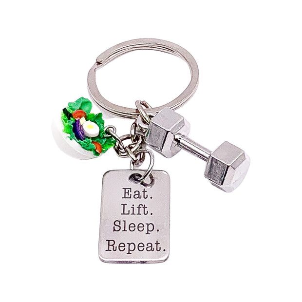 Salad Keychain, Fitness Gift, Eat Lift Sleep Repeat, Healthy Living Gift, Dumbbell Charm, Exercise Motivation Gift, Personal Trainer Gift