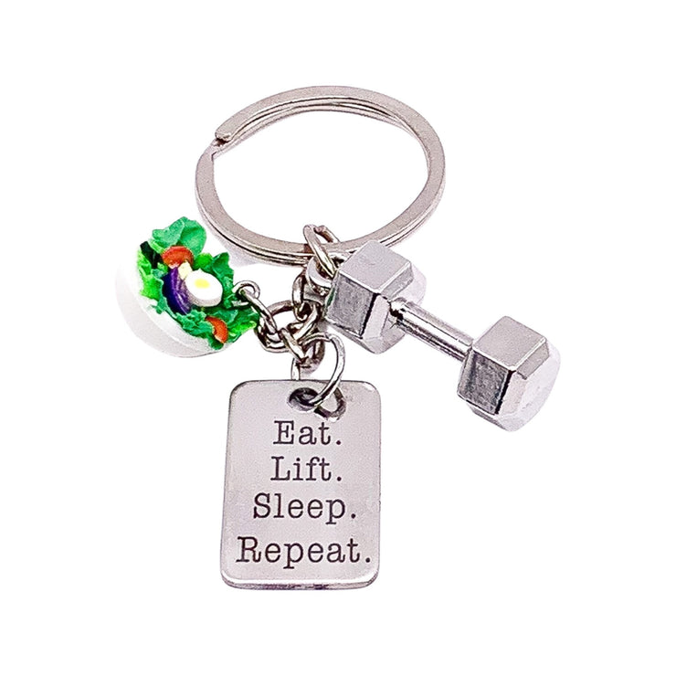 Salad Keychain, Fitness Gift, Eat Lift Sleep Repeat, Healthy Living Gift, Dumbbell Charm, Exercise Motivation Gift, Personal Trainer Gift