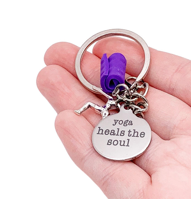 Yoga Keychain, Mini Yoga Mat Keychain, Yoga Heals The Soul Charm, Gift for Yoga Teacher, Yoga Lovers Gift for Her, Cute Yogi Christmas Gift