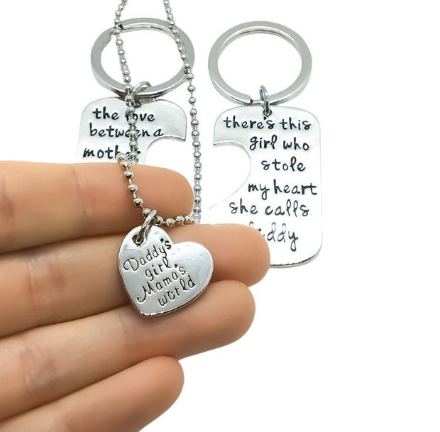 Daddy’s Girl Keychain Set for 2 or 3, Mama’s World Necklace Set, Mother Daughter Gift, Father Daughter Gift, Father’s Day Gift, Graduation