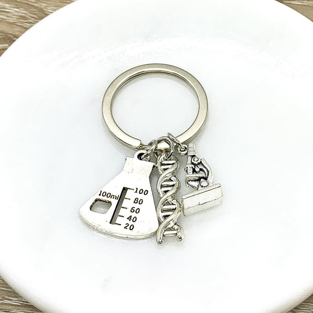 Chemistry Keychain, Chemist Gift, Student Gift, Microscope Charm, Science Teacher Gift, Lab Beaker Charm, Science Keychain