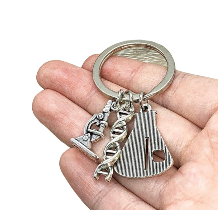 Chemistry Keychain, Chemist Gift, Student Gift, Microscope Charm, Science Teacher Gift, Lab Beaker Charm, Science Keychain