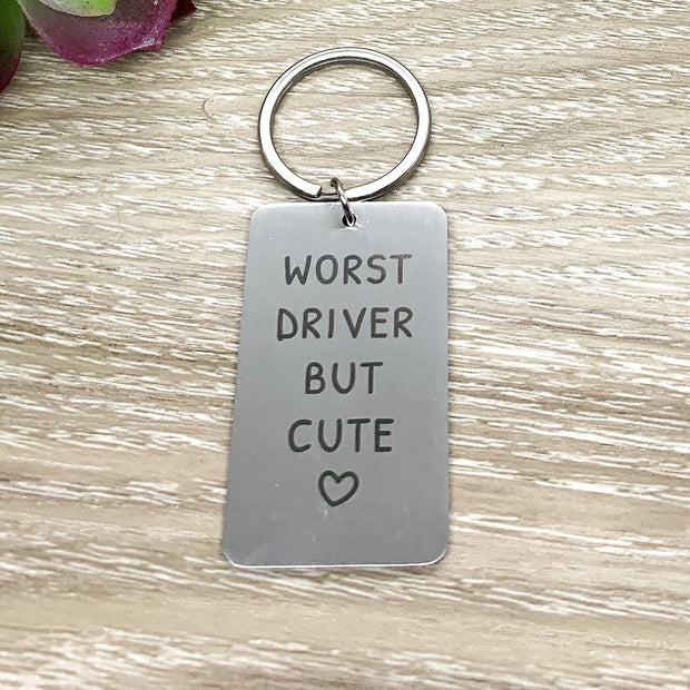 Worst Driver But Cute Keychain, Funny Husband Keychain, Gift for Wife, Humorous Birthday Gift for Him, Bad Driver Gift, Girlfriend Gift