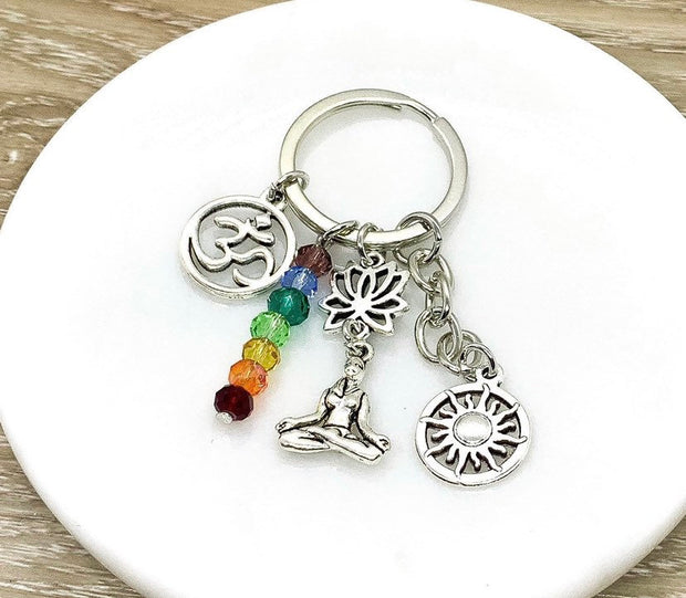 Chakra Keychain, Meditation Keyring, Rainbow Beads, Ohm Charm, Yoga Teacher Gift, Yogi Charm, Yoga Keychain, Buddha Gift