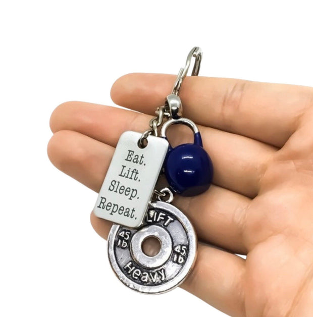 Fitness Keyring, Kettlebell Charm, Personal Trainer Gift, Hand Stamped Keyring, Weightlifting Keychain, Fitness Motivation, Quote Charm