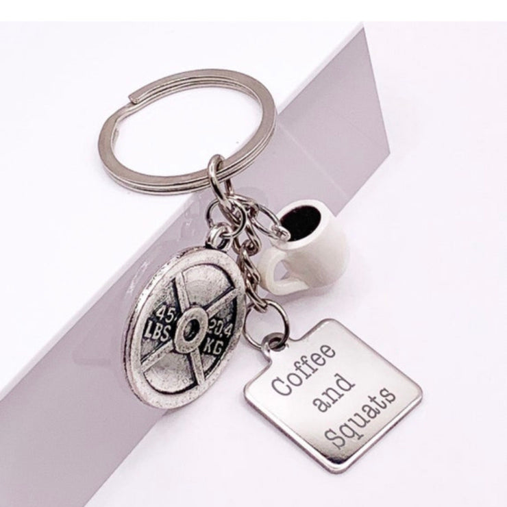 Coffee and Squats, Fitness Keychain, Fitness Training Gift, Mini Weight Plate Charm, Fitness Charm, Weightlifting Keychain, Gym Key Ring