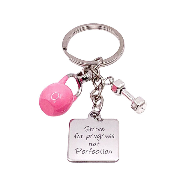 Cute Gym Keychain, Strive for Progress Not Perfection, Fitness Quote, Kettlebell Charm, Motivational Keyring, Coach Gifts, Personal Trainer