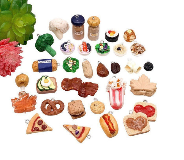 Tiny Food Charms, Foodie Jewelry, Sushi, Poutine, Bacon, Broccoli, Hotdog, Popcorn, Salad, Pancakes, Avocado Toast, Kawaii Charm, Cabochon