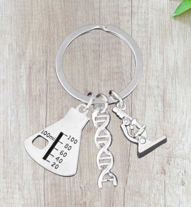 Chemistry Keychain, Chemist Gift, Student Gift, Microscope Charm, Science Teacher Gift, Lab Beaker Charm, Science Keychain