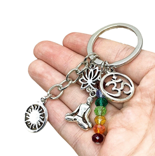 Chakra Keychain, Meditation Keyring, Rainbow Beads, Ohm Charm, Yoga Teacher Gift, Yogi Charm, Yoga Keychain, Buddha Gift