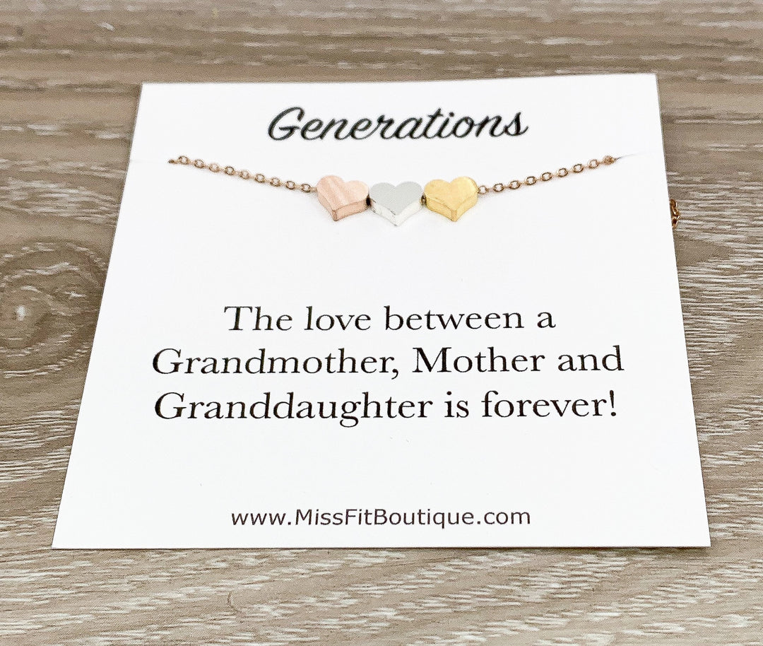 Bijou Trois Générations, Collier 3 Cœurs, Collier Cœur Délicat, Cadeau pour Maman, Collier Grand-Mère, Bijou Minimaliste, Collier Mère