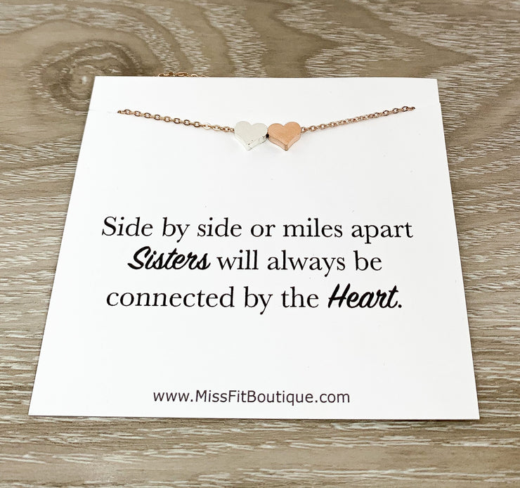 Side by Side, Sisters, Two Heart Necklace with Card, Rose Gold, Silver