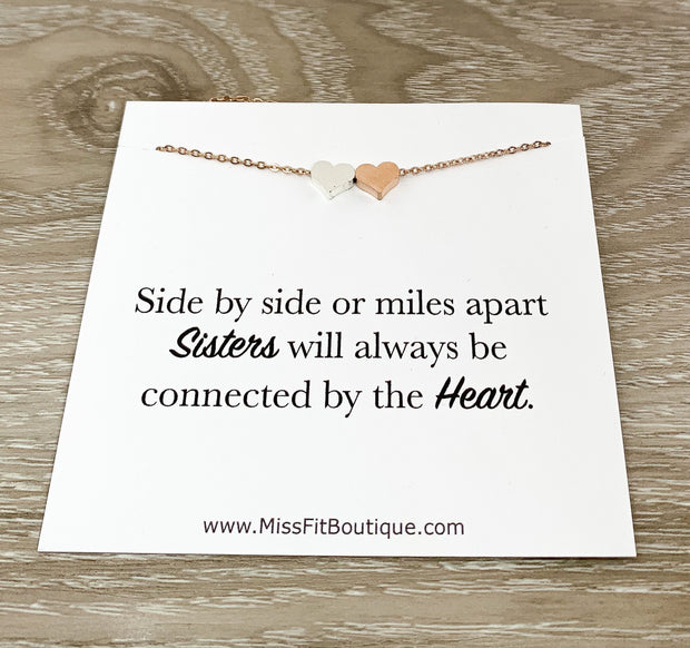 Sister Necklace, Dainty 2 Heart Necklace, Connected by the Heart Quote, Gift for Sister, Sorority Jewelry, Holiday Gift from Sister