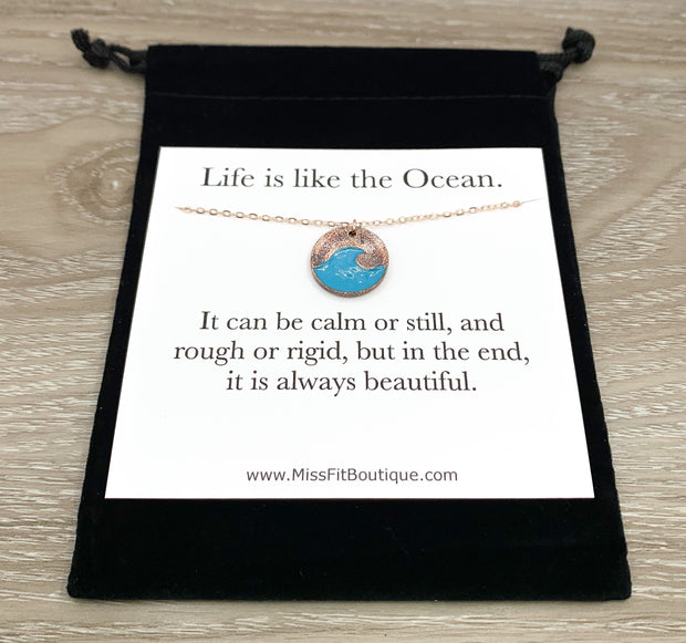 Blue Wave Necklace, Life is Like the Ocean Card, Inspirational Gift, Beach Lover Necklace, Tropical Gift, Minimal Ocean Necklace, Travel