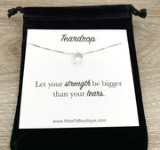 Clear Teardrop Necklace with Card, Inspirational, Sterling Silver