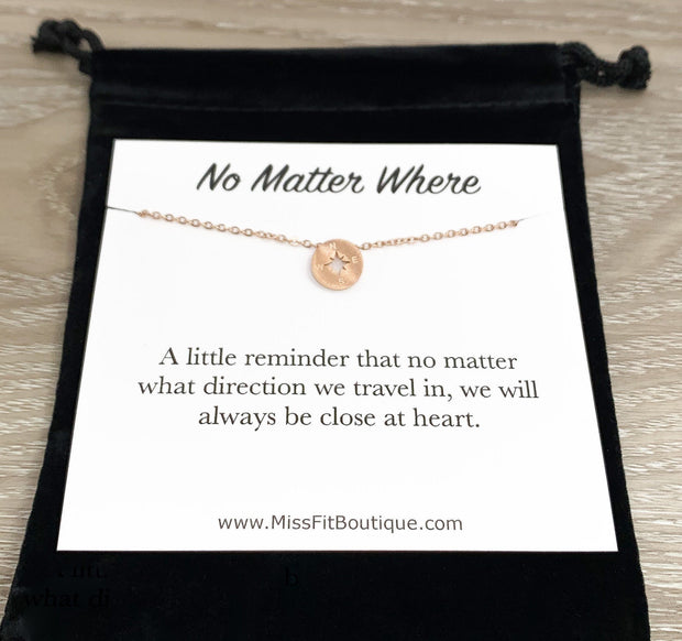 Tiny Compass Necklace, No Matter Where Quote, Best Friends Necklace, Friendship Gift, Friend Birthday Gift, Gift for Bestie, Holiday Gift