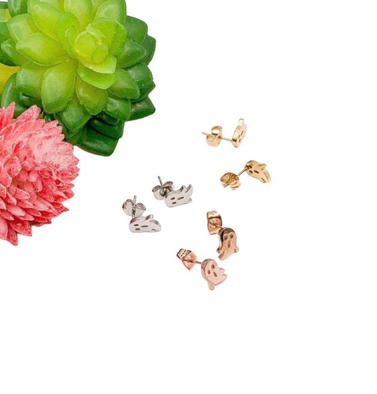 Tiny Ghost Stud Earrings, Halloween Earrings, Scary Jewelry, Little Rose Gold Ghost Studs, Halloween Party Gift, Spooky Earrings for Her