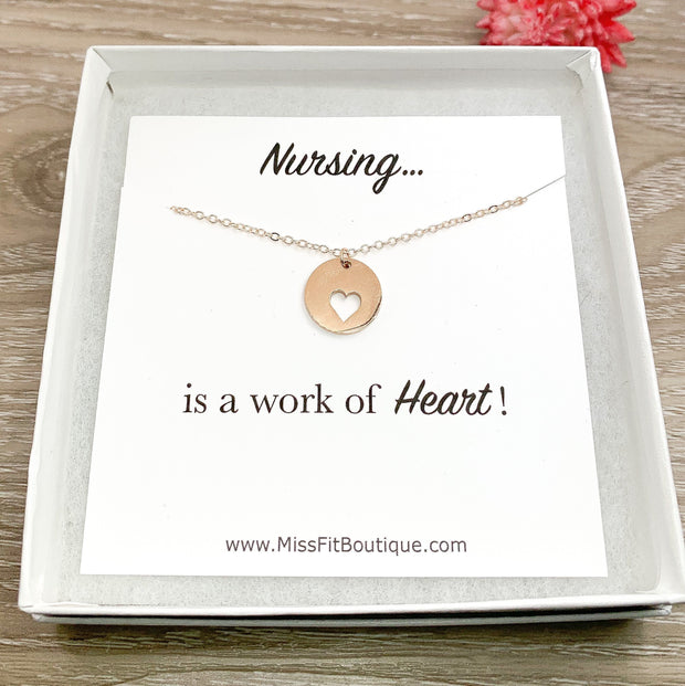 Nurse Appreciation Gift, Heart Necklace, Nursing is a Work of Heart Card, RN Nurse Jewelry Gift, Thank You Gift from Patient, Holiday Gift