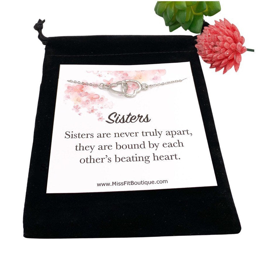 Sisters Necklace, Interlocking Hearts Necklace, Two Sisters Gift, Double Hearts Necklace, Sister Going Away Gift, Sister Christmas Gift