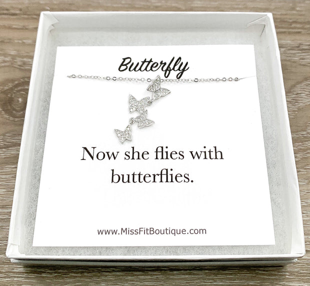 Multi Butterflies Necklace, She Flies With Butterflies Quote, Memorial Necklace, Tiny Butterfly Necklace, Remembrance Gift, Holiday Gift